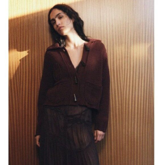 Zara Cardigan Sweater Womens XL Brown Chunky Toggle closure Wool 1957/101 NWOT - Picture 2 of 8